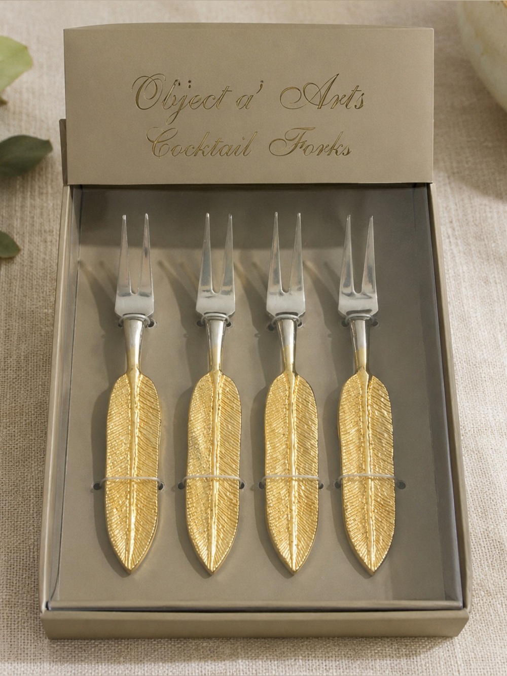 Object d' Arts Gold Feather Cocktail Forks Set of 4 Appetizer Silver Tines NWT